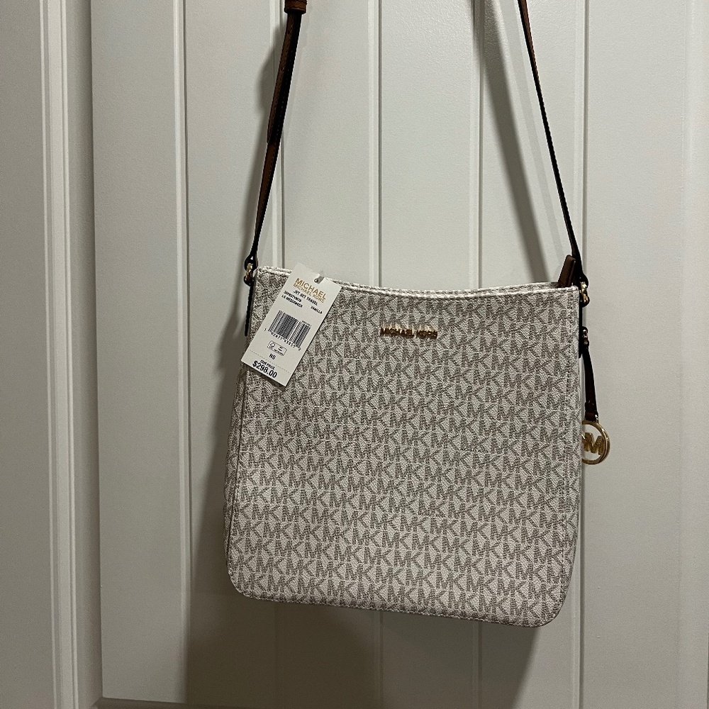 Michael Kors cross body purse white/tan MK logo NWT